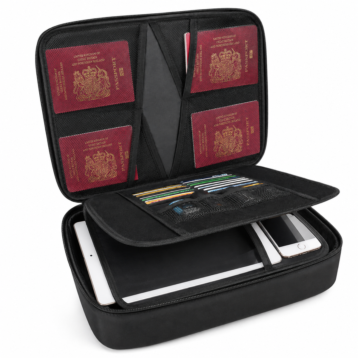 Travel document organizer with multiple passport slots card pockets tablet sleeve and zippered mesh compartments LoungeYard — product view 1