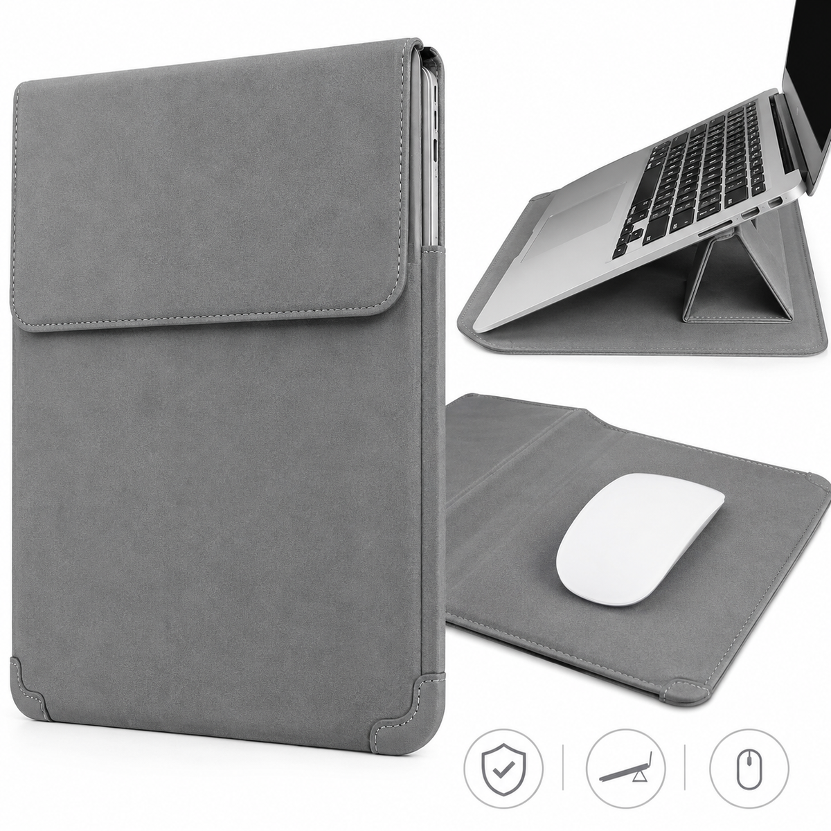 Padded laptop sleeve with integrated foldable stand and mouse pad LoungeYard — product view 1