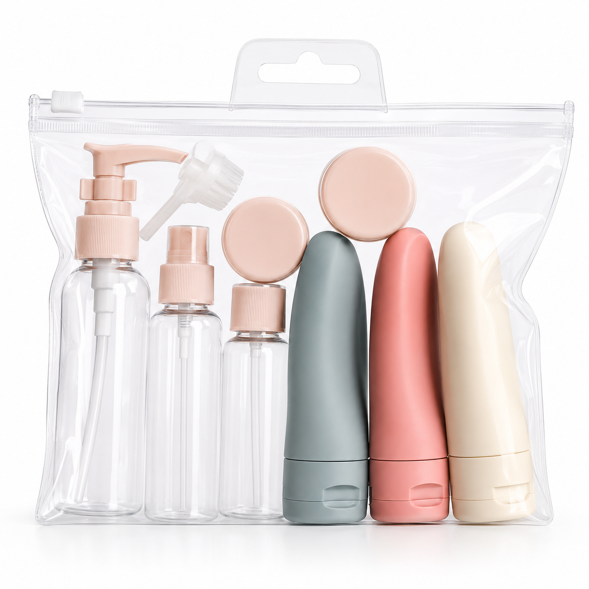 Travel Silicone Toiletry Bottle Set with Pump Spray Funnel and Clear Zip Bag LoungeYard — product view 1