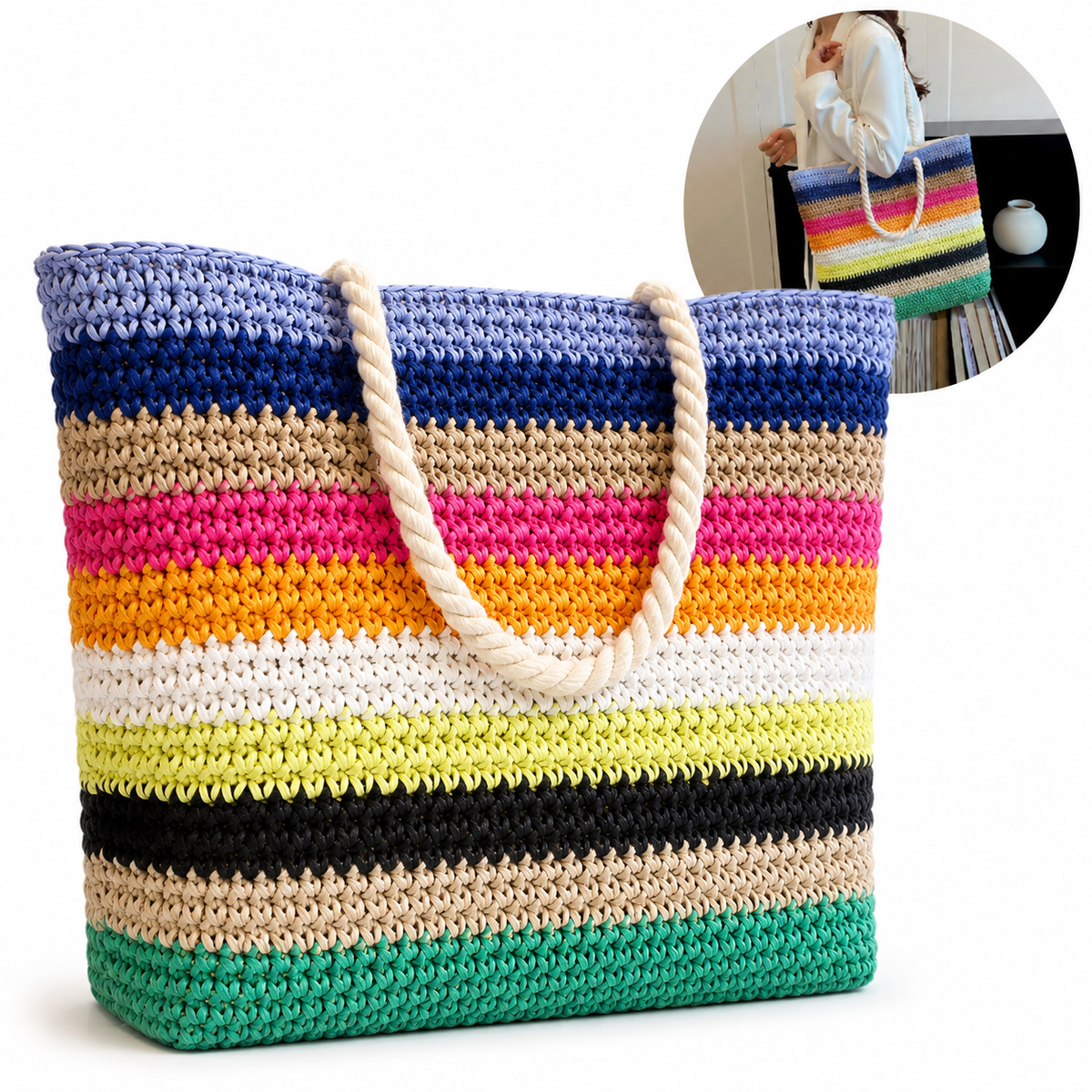 Striped Crochet Beach Tote with Rope Handles and Lined Interior LoungeYard — product view 1