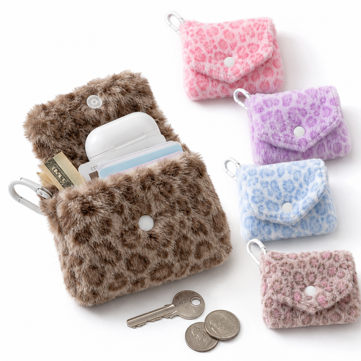 Faux Fur Leopard-Print Snap Keyring Card Wallet LoungeYard — product view 1