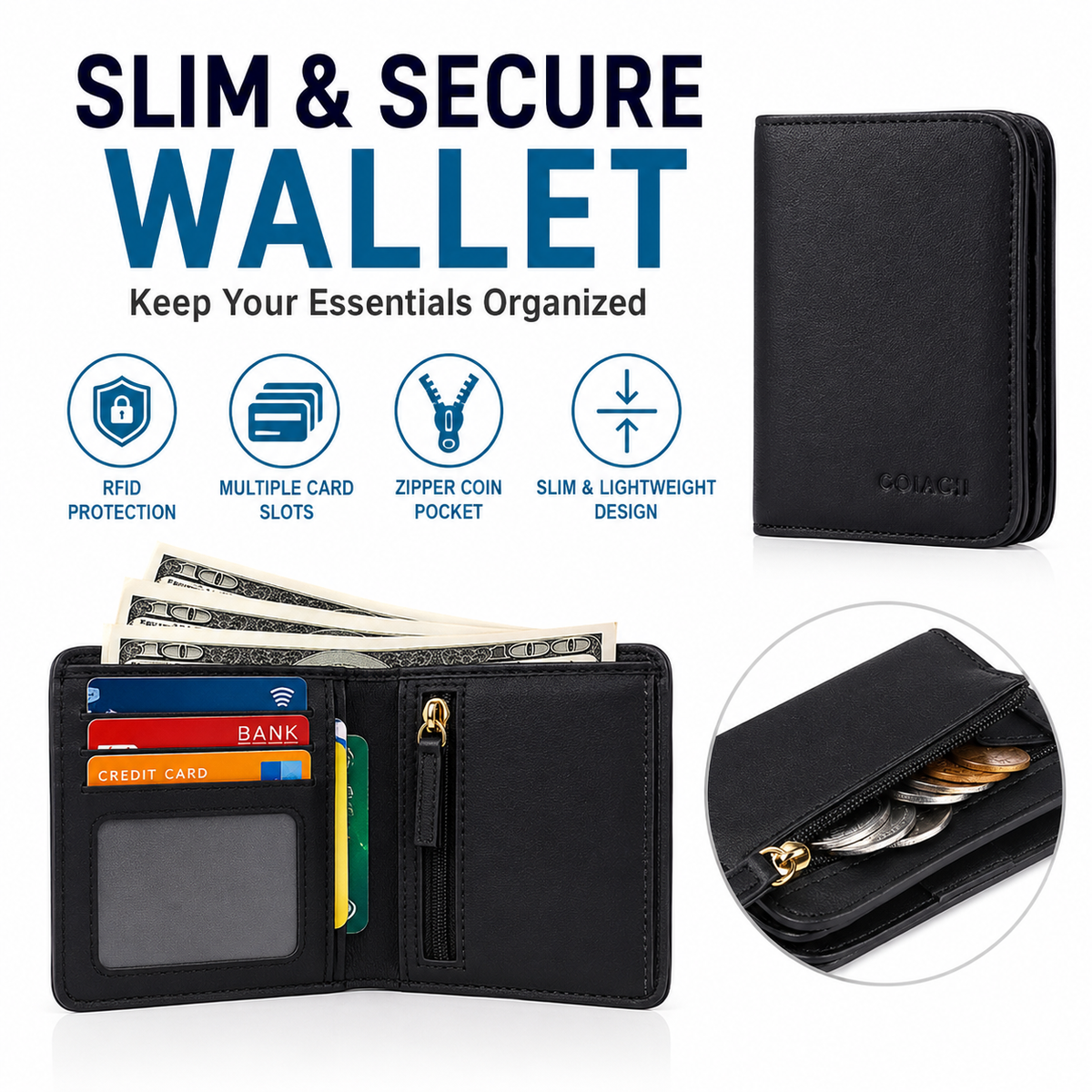 Compact Saffiano Card and Coin Wallet with Zipper Pocket LoungeYard — product view 1
