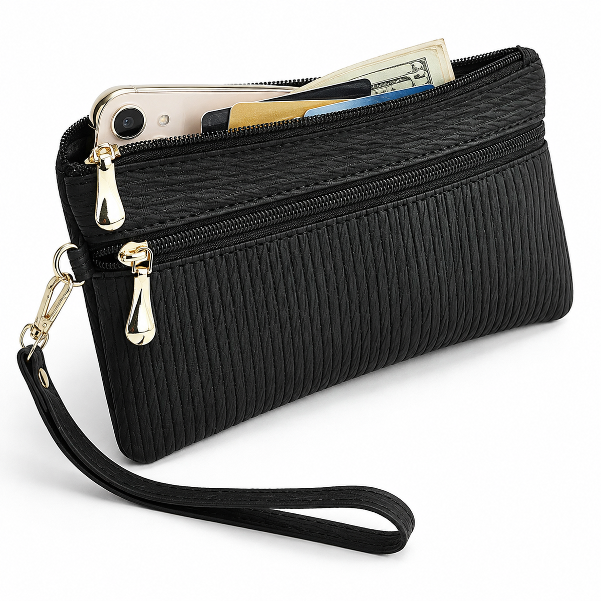 Quilted Double-Zip Wristlet Clutch Wallet with Detachable Strap LoungeYard — product view 1