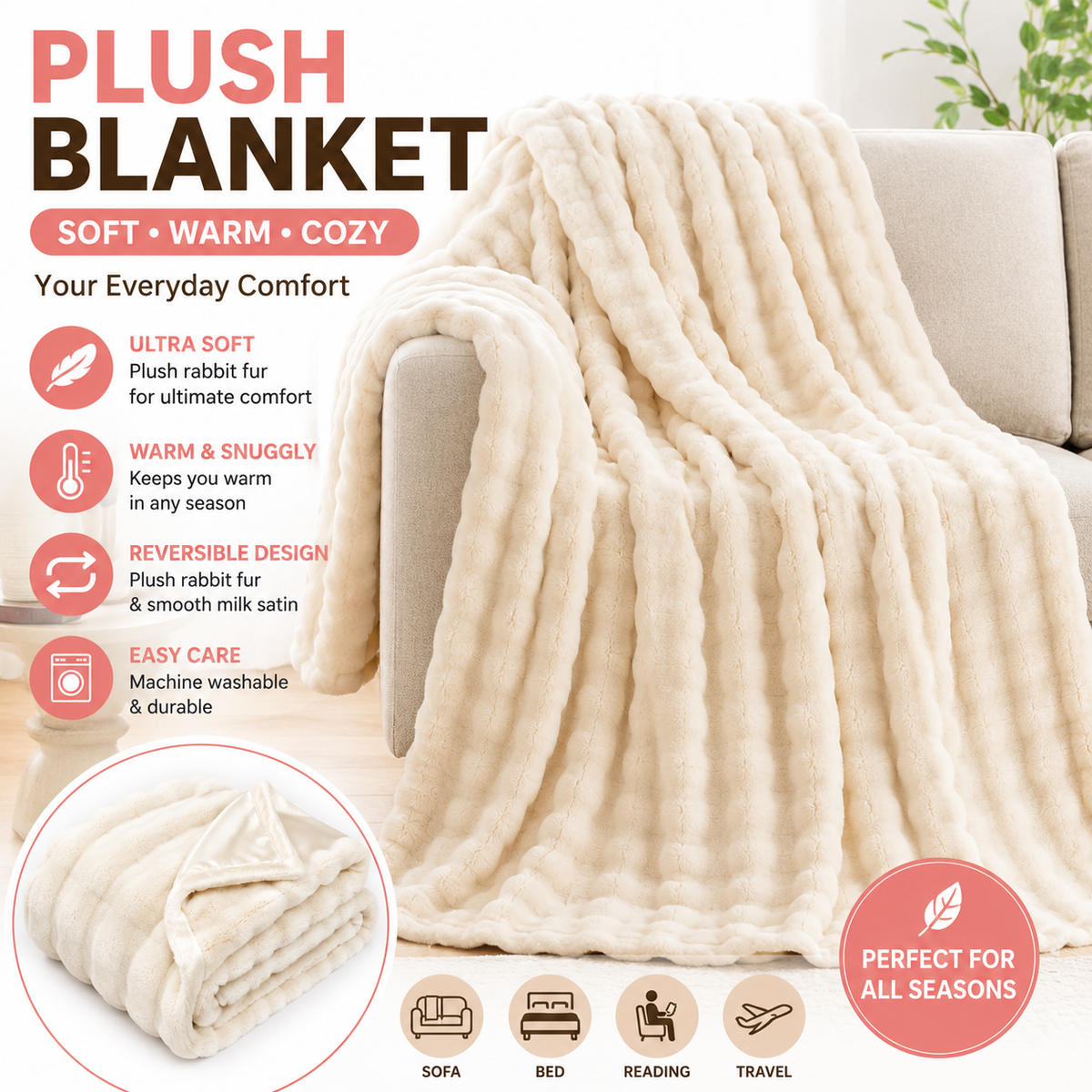 Plush Waffle-Textured Faux Fur Throw Blanket with Sherpa Backing LoungeYard — product view 1