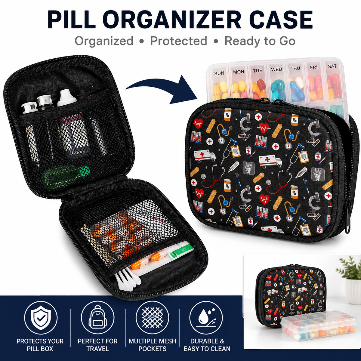 Compact Medical Organizer Pouch with Mesh Compartments and Dual-Zip LoungeYard — product view 1