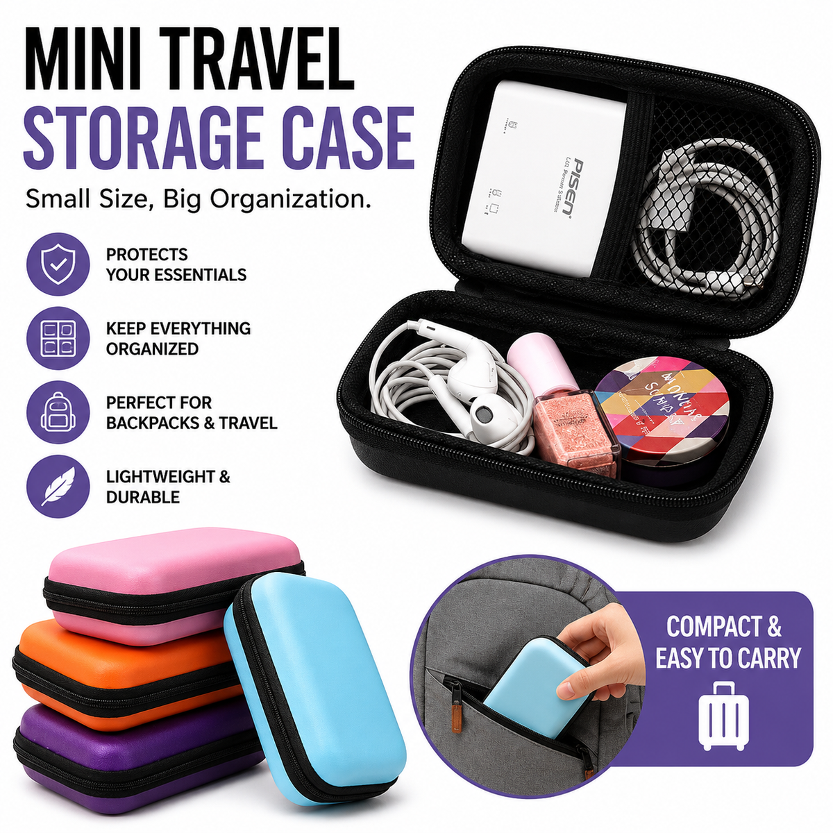 Compact Hard Shell Zippered Electronics Accessory Case LoungeYard — product view 1