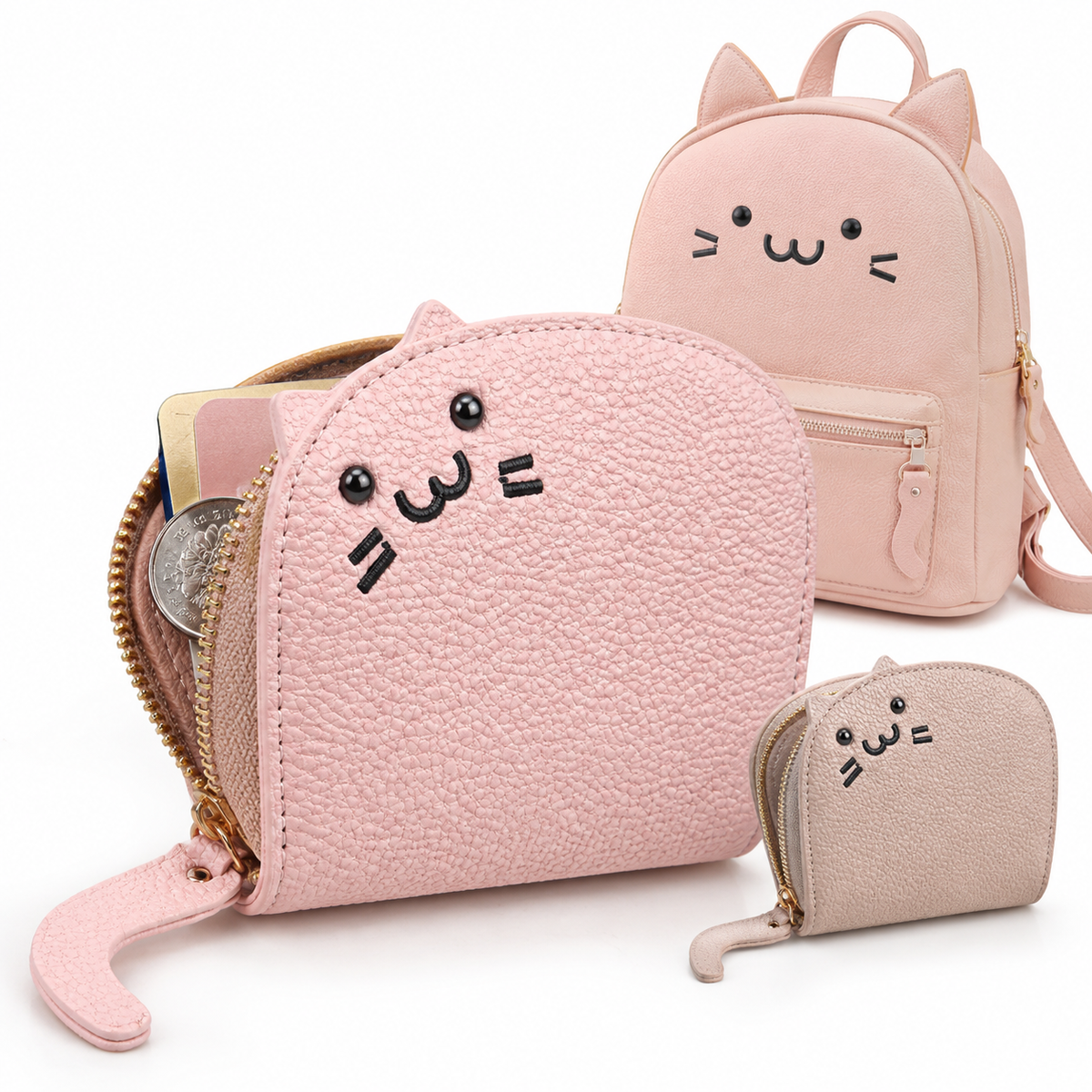 Cat-Shaped Textured Faux Leather Coin Purse with Zipper Wrist Strap LoungeYard — product view 1