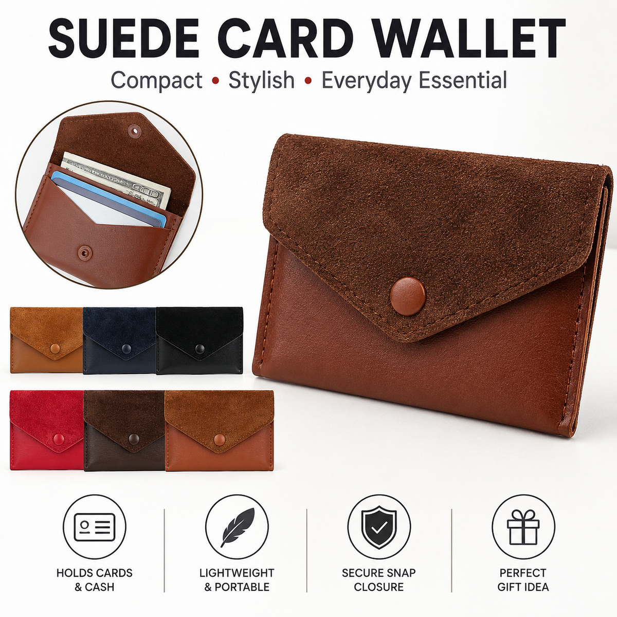 Compact Suede-Trim Leather Card Wallet LoungeYard — product view 1