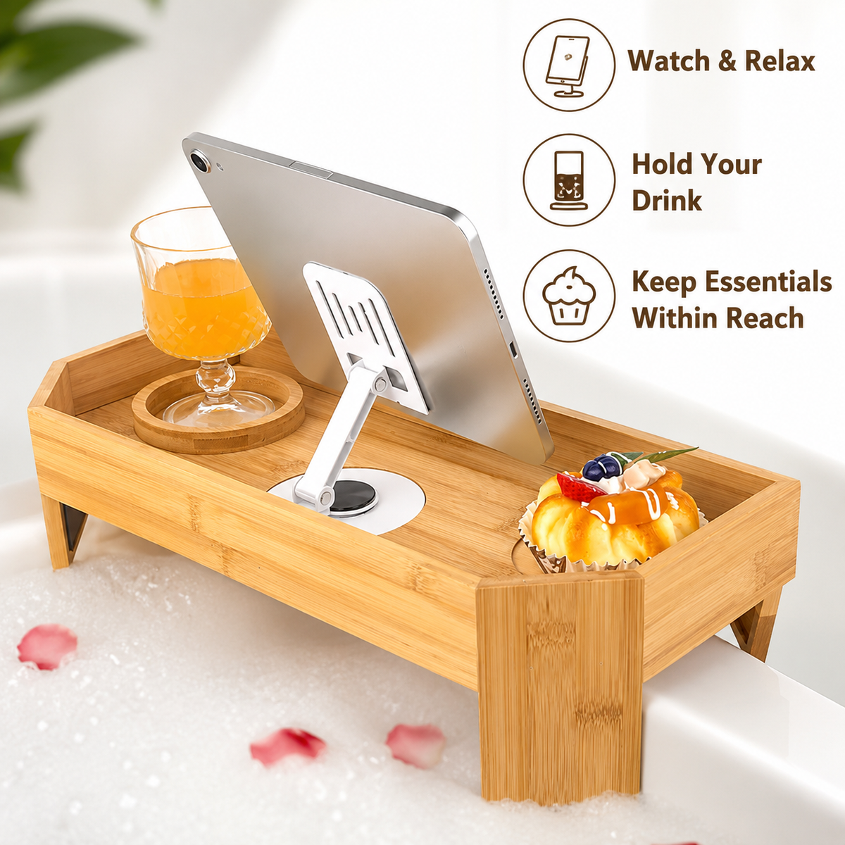 Adjustable Bamboo Bathtub Caddy With Foldable Tablet Stand And Drink Holder LoungeYard — product view 1