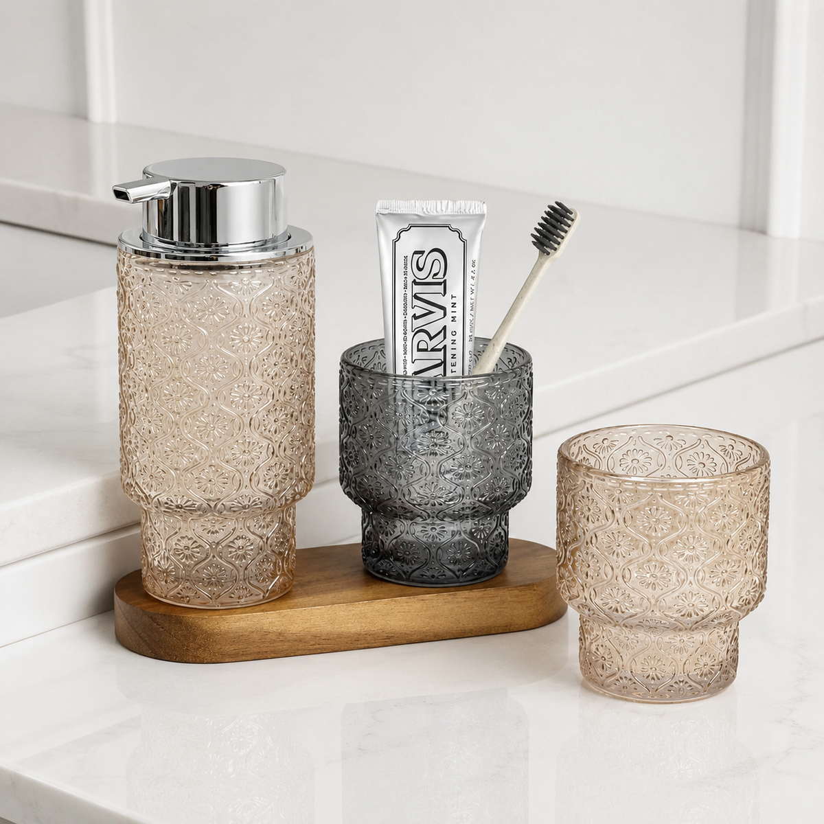 Embossed vintage glass vanity organizer set with pump dispenser and toothbrush cup LoungeYard — product view 1