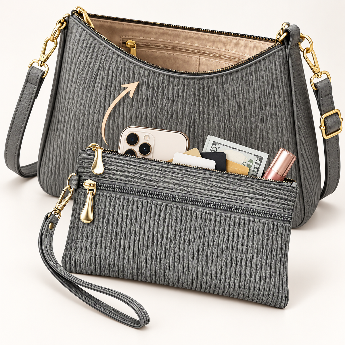 Textured Faux Leather Double-Zip Wristlet Clutch LoungeYard — product view 1