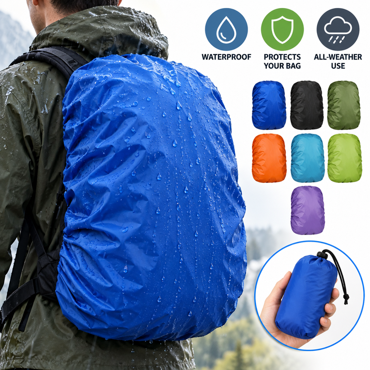 Waterproof Stretch Backpack Rain Cover with Elastic Hem and Reflective Strip LoungeYard — product view 1
