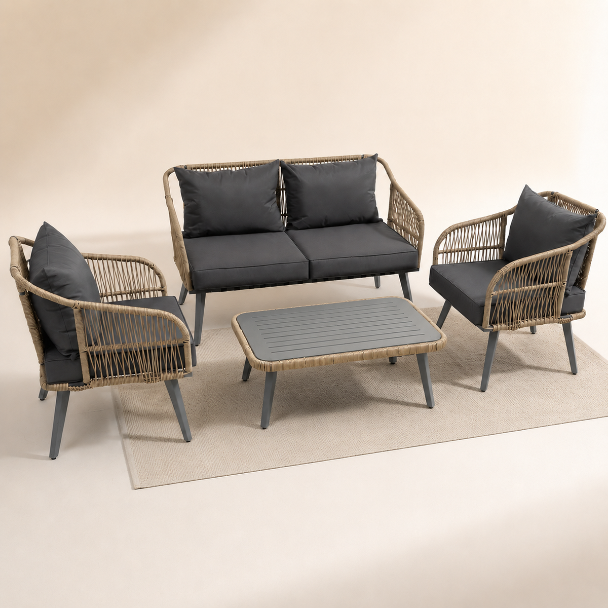 ARVOYA 4-Piece Rattan Conversation Set with Loveseat, 2 Armchairs & Acacia Table, Grey — product view 1