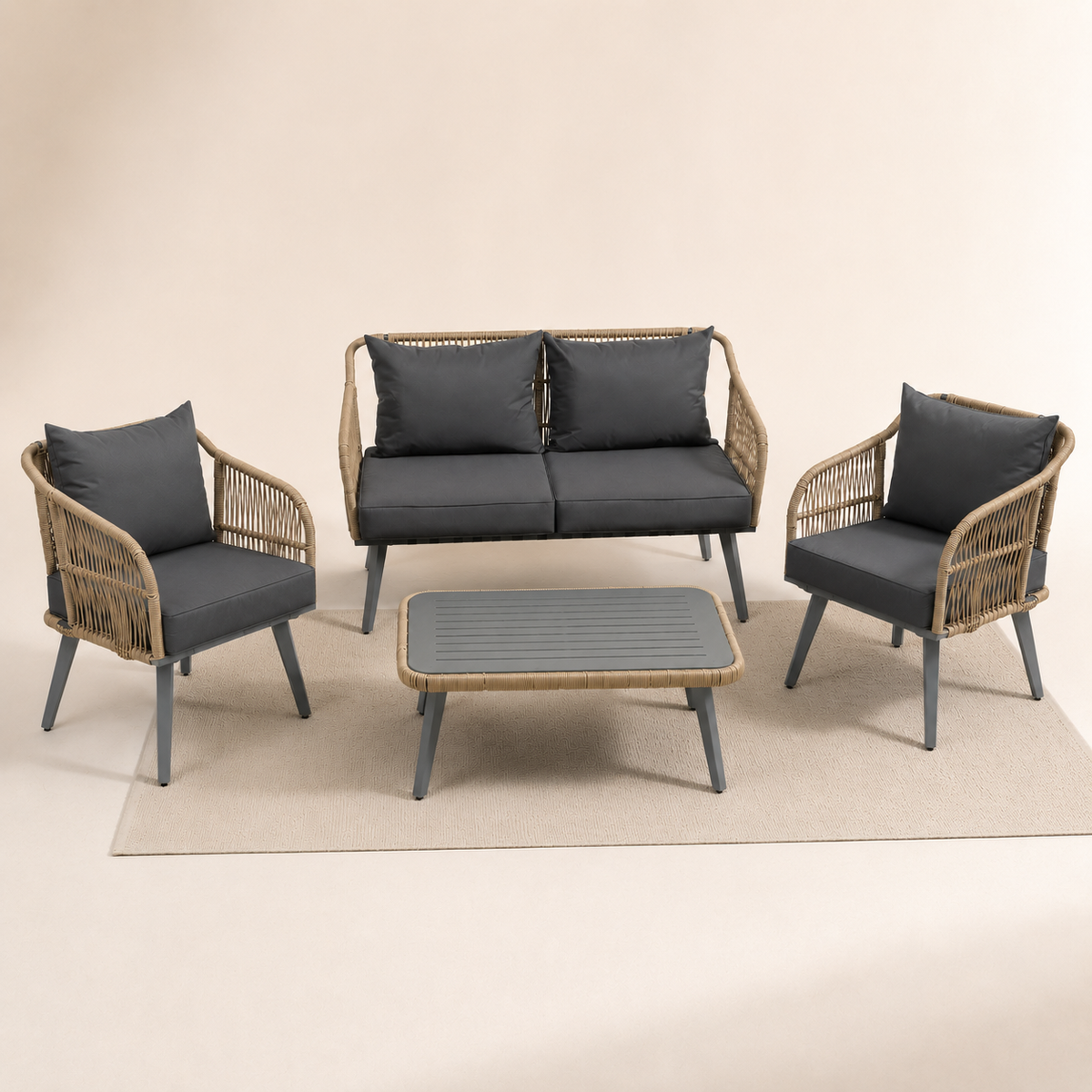 ARVOYA 4-Piece Rattan Conversation Set with Loveseat, 2 Armchairs & Acacia Table, Grey — product view 2