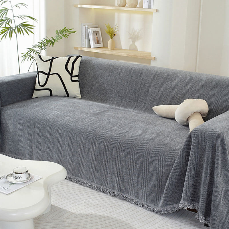 LoungeYard | Chenille Blanket Herringbone Tassel Couch Cover — product view 7