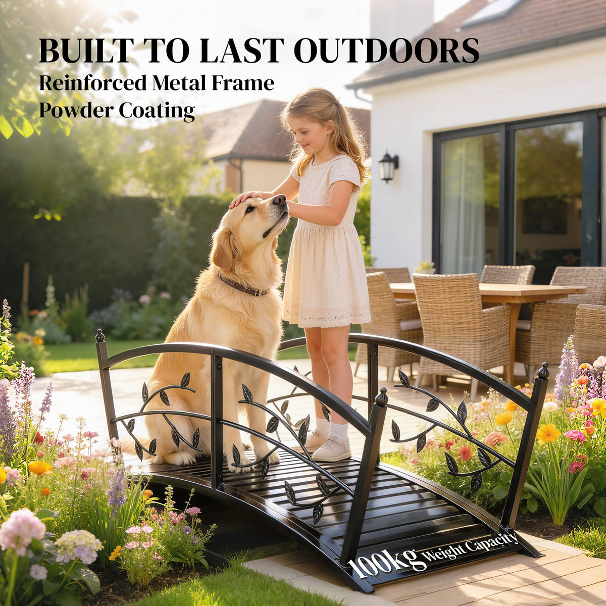 1.2M Metal Garden Bridge with Safety Railings, Black — product view 7