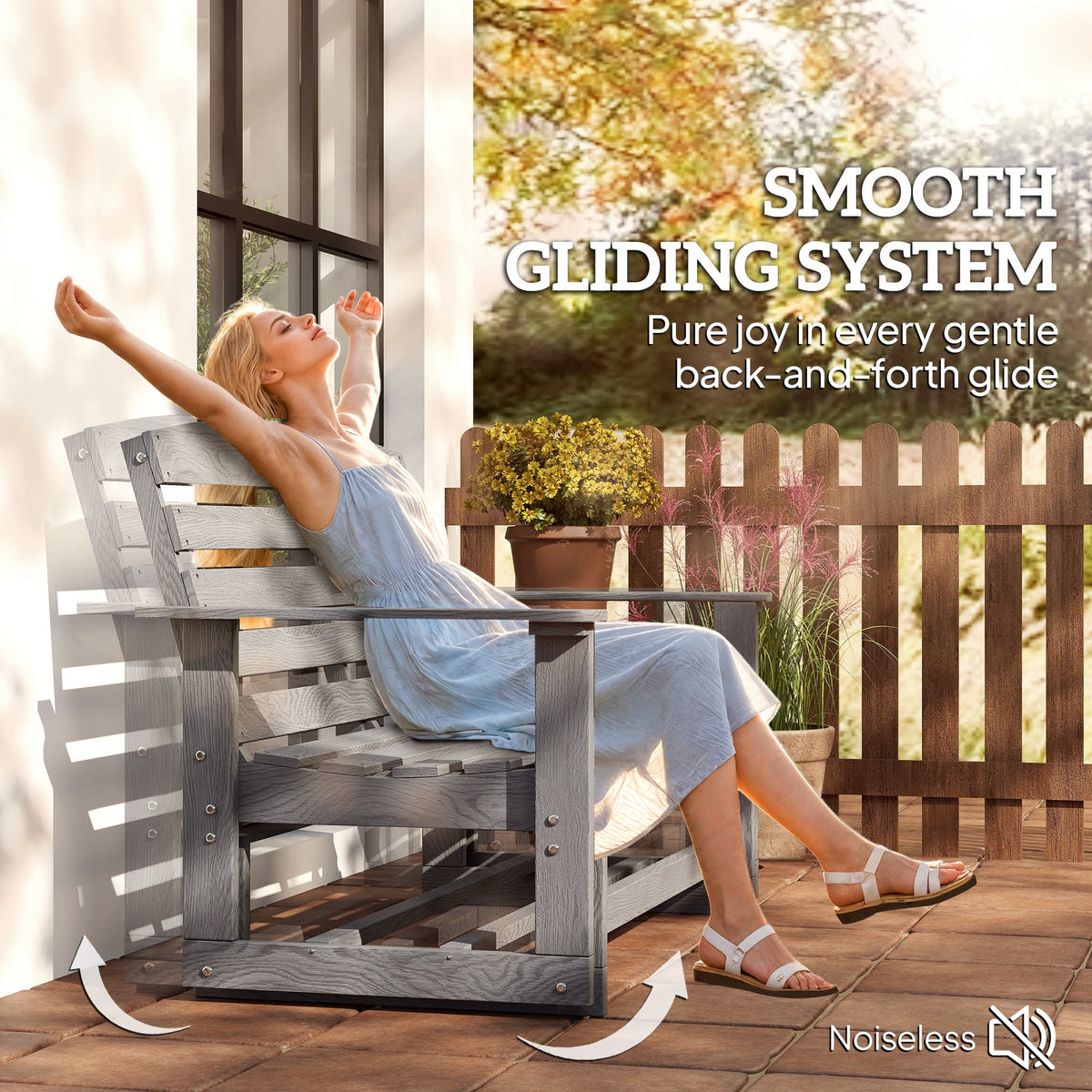 2-Person Outdoor Glider Bench w/ Slatted HDPE Frame for Backyard Garden Porch, Distressed Gray — product view 6