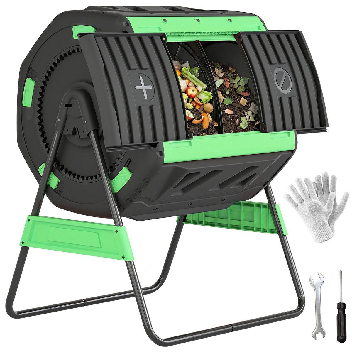 200L Dual Chamber Rotating Compost Tumbler with 8 Adjustable Vents, BPA Free Outdoor Composter in Green — product view 1