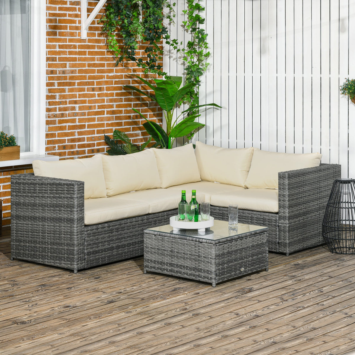 3 Piece PE Rattan Garden Furniture Set with Thick Cushions & Glass Table, Beige — product view 4