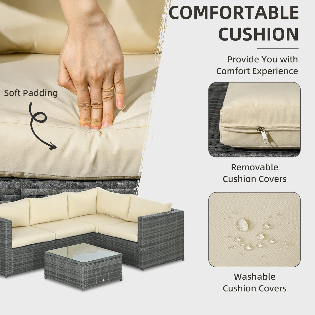 3 Piece PE Rattan Garden Furniture Set with Thick Cushions & Glass Table, Beige — product view 7