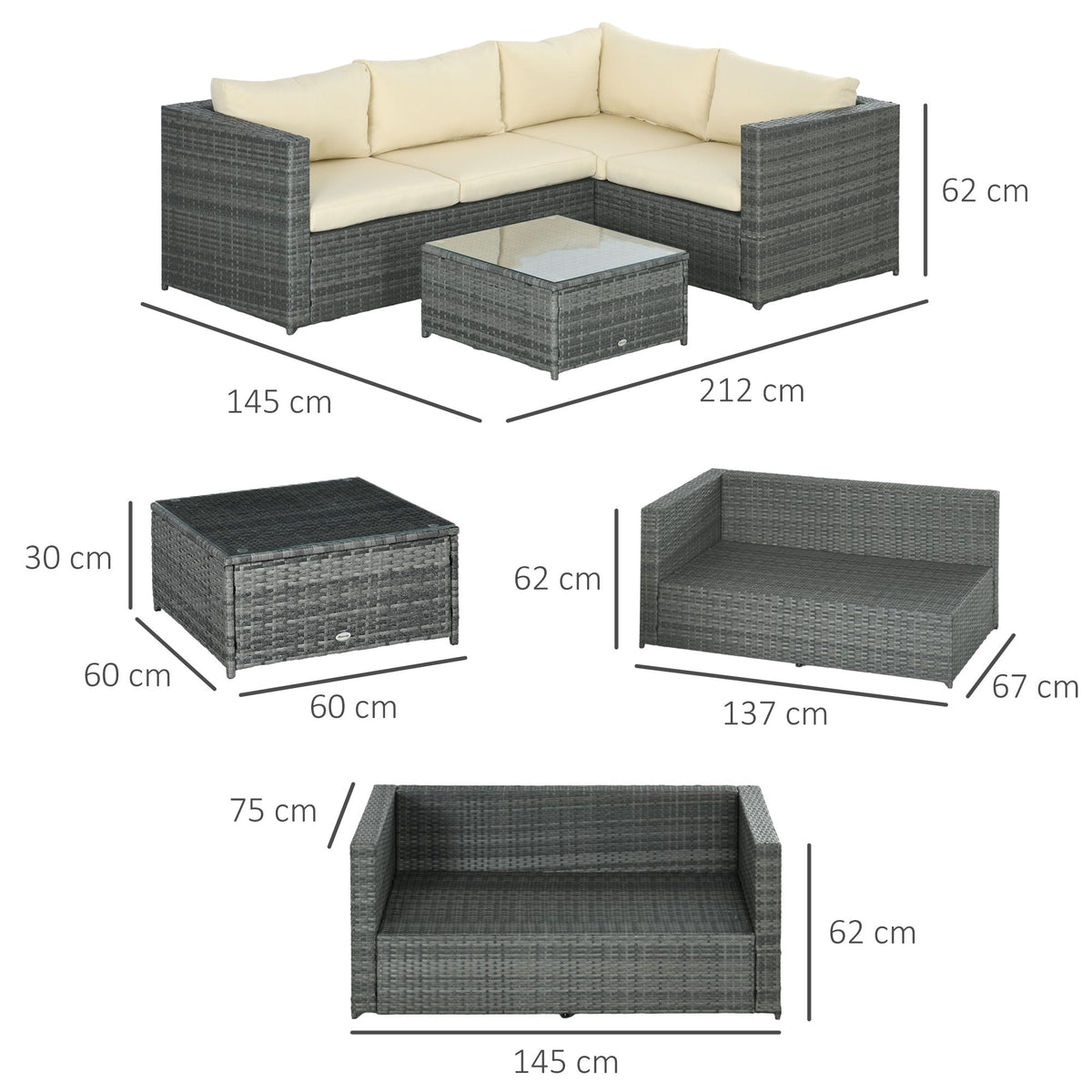 3 Piece PE Rattan Garden Furniture Set with Thick Cushions & Glass Table, Beige — product view 5