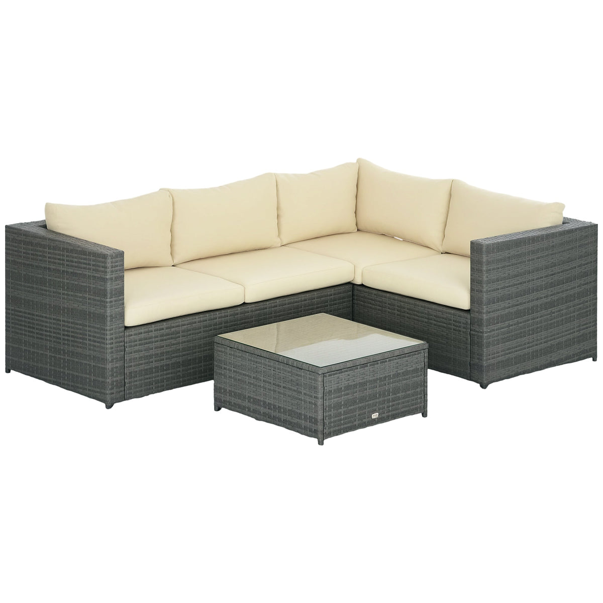 3 Piece PE Rattan Garden Furniture Set with Thick Cushions & Glass Table, Beige — product view 1