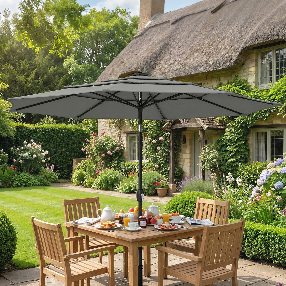 3 m Garden Parasol with 3-Tier Roof, Crank Handle & Tilt, Grey — product view 4
