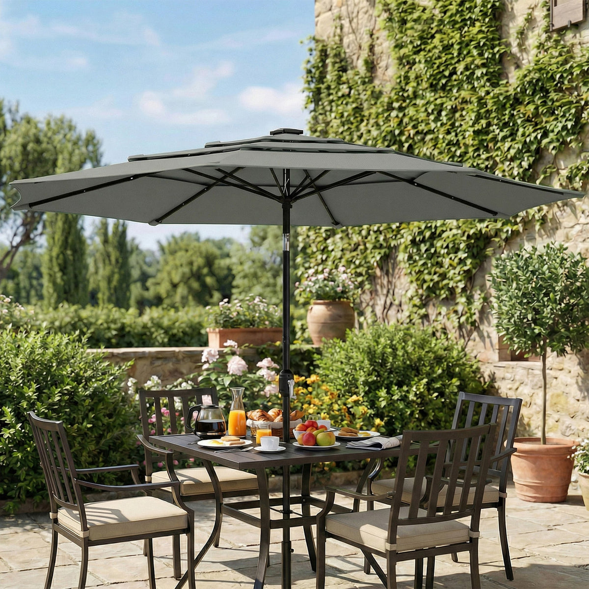 3 m Garden Parasol with 3-Tier Roof, Crank Handle & Tilt, Grey — product view 3