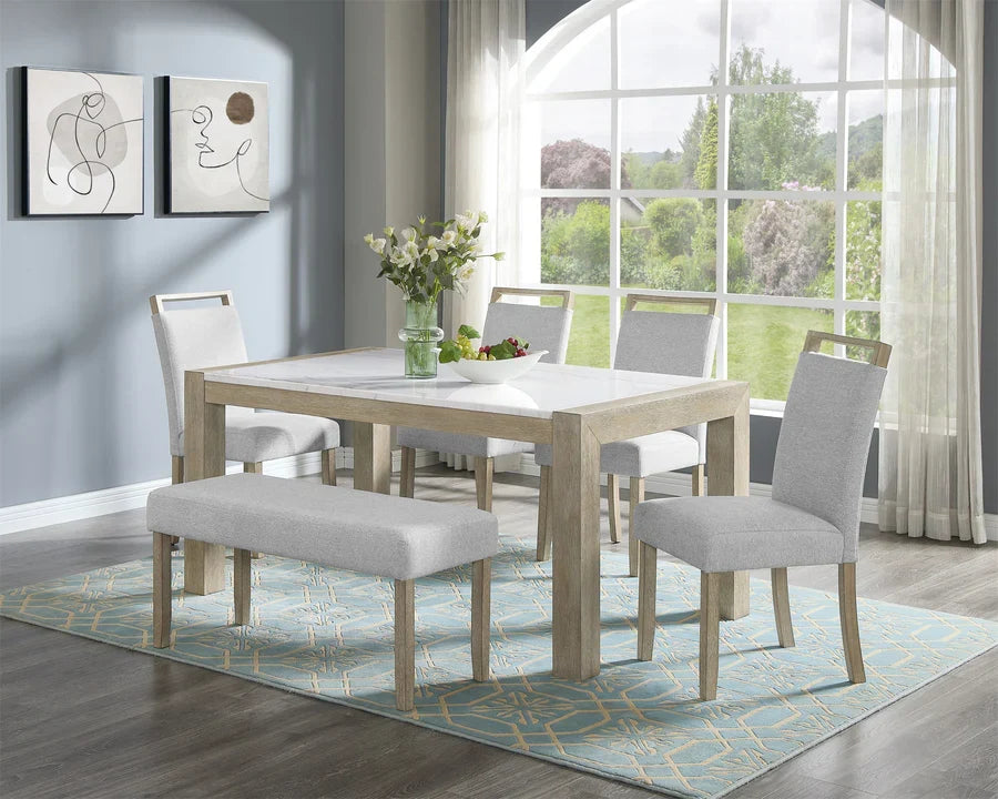 Tabitha 6-Piece Light Oak Wood 66" White Faux Marble Top Dining Table Set with Bench – D4018-6PC — product view 1