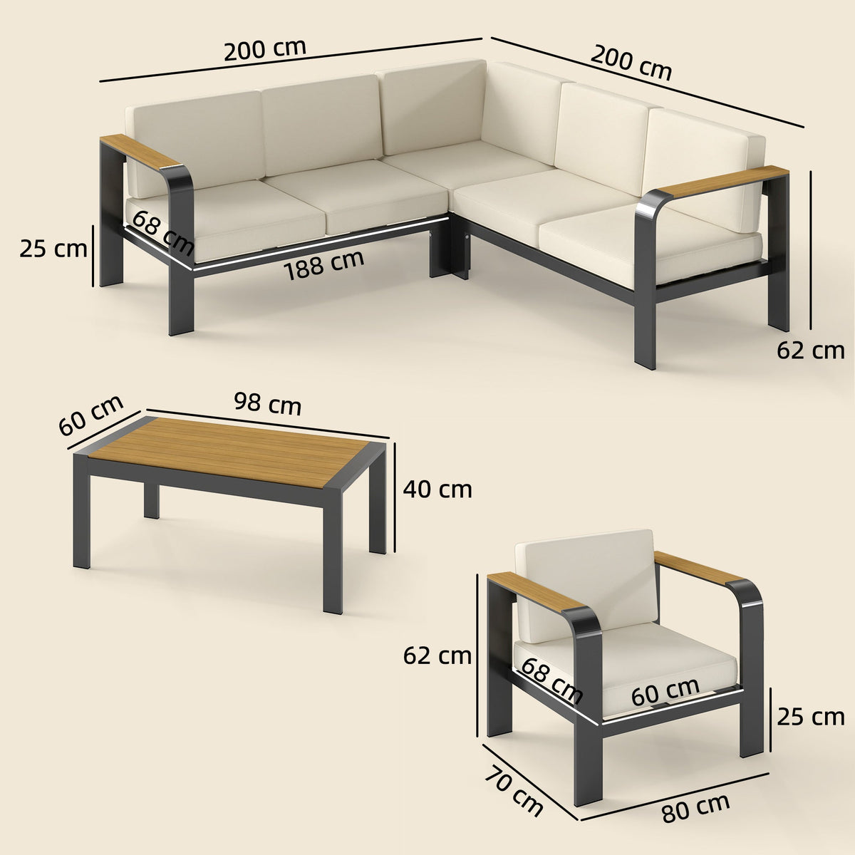 3-Piece Garden Corner Sofa Set with Aluminum Frame and Olefin Cushions, Beige — product view 5