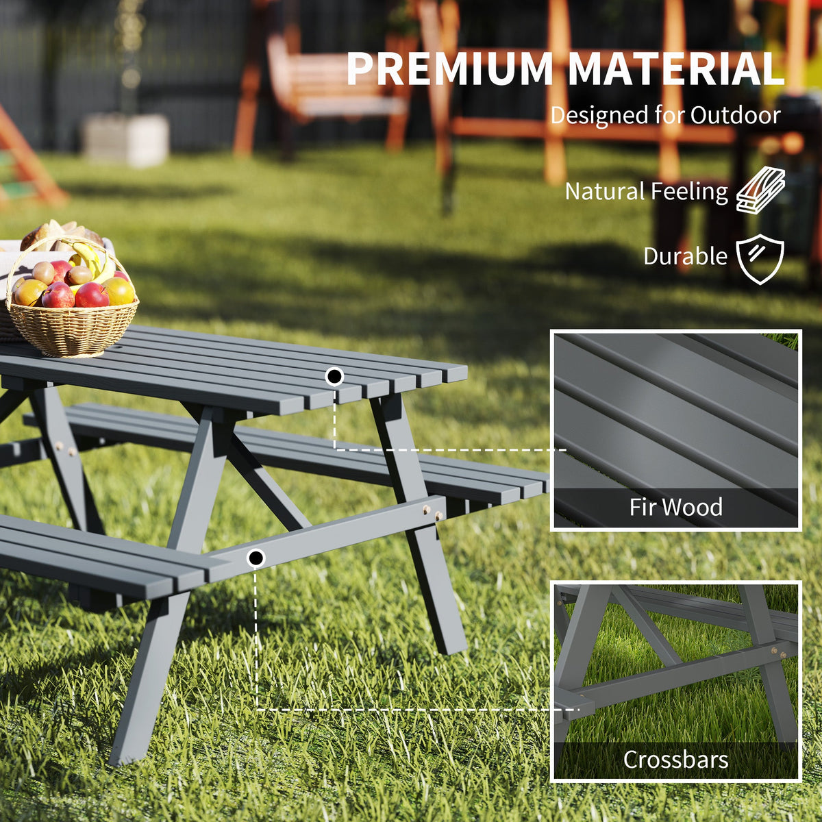 150 cm 6 Seater Wooden Picnic Table Bench with Parasol Hole, Grey — product view 7