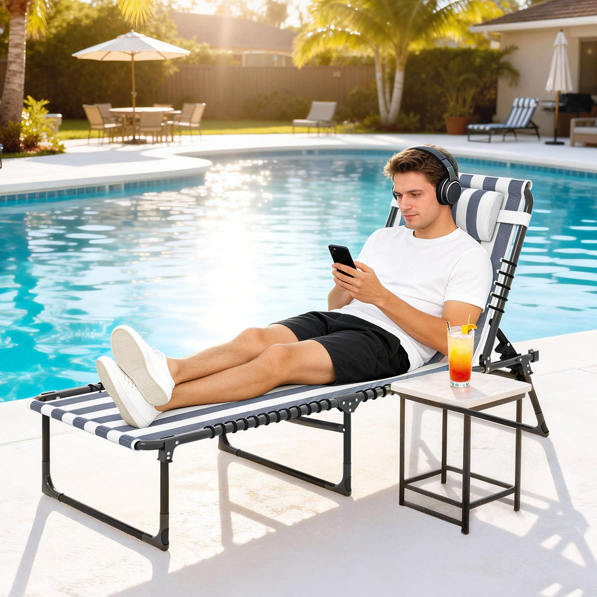 Folding Chaise Lounge Chair with 4-Position Reclining Back for Beach, Poolside, Yard, Blue and White — product view 4