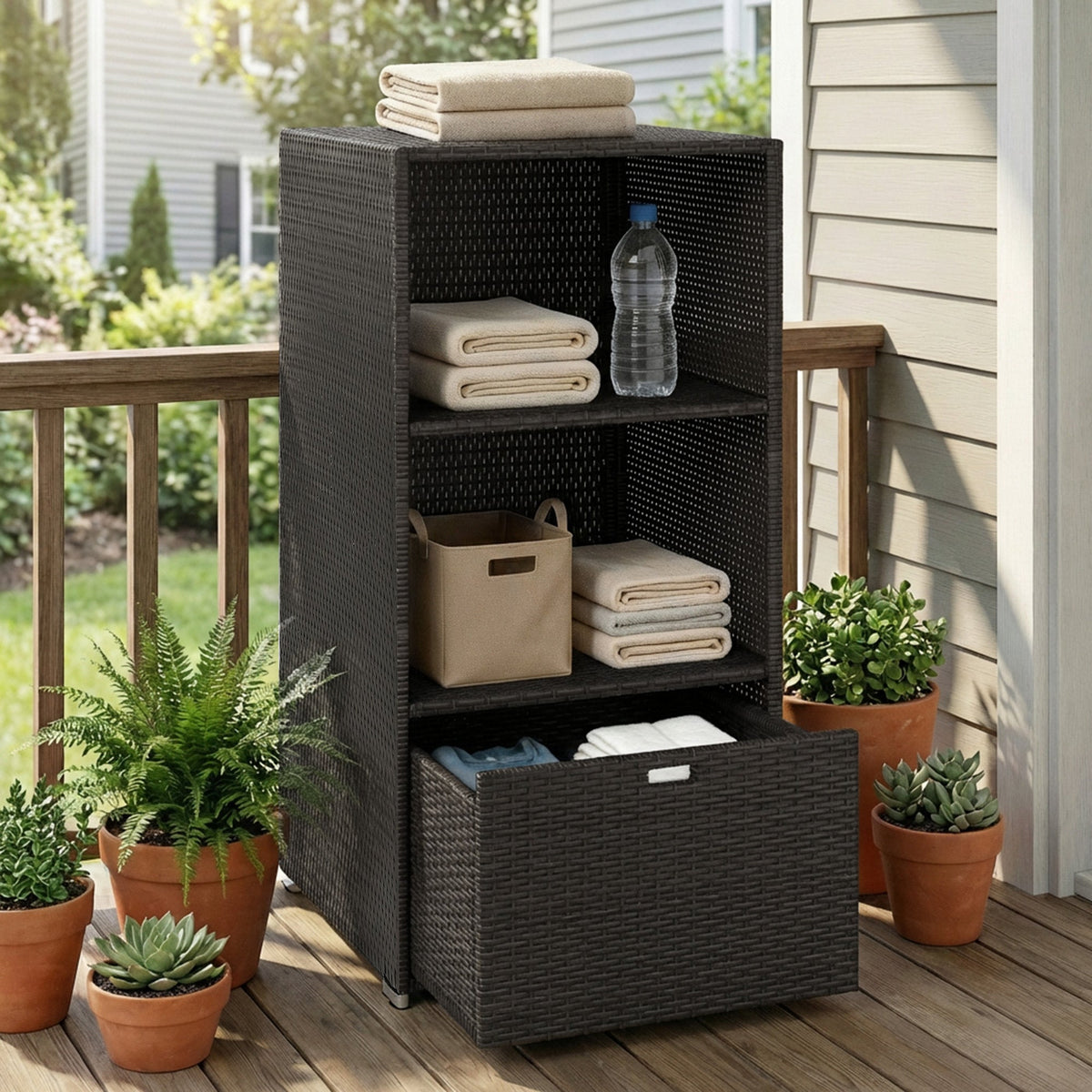 Pool Towel Rack with 2 Shelves and Basket Drawer, PE Rattan, Dark Brown — product view 3