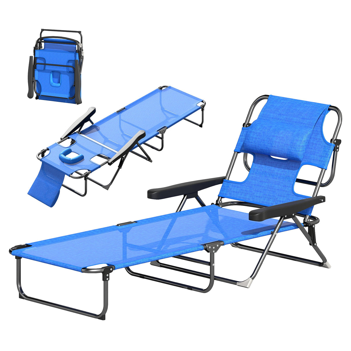 Folding Lounge Chair with Reading Hole and Headrest, Dark Blue — product view 2