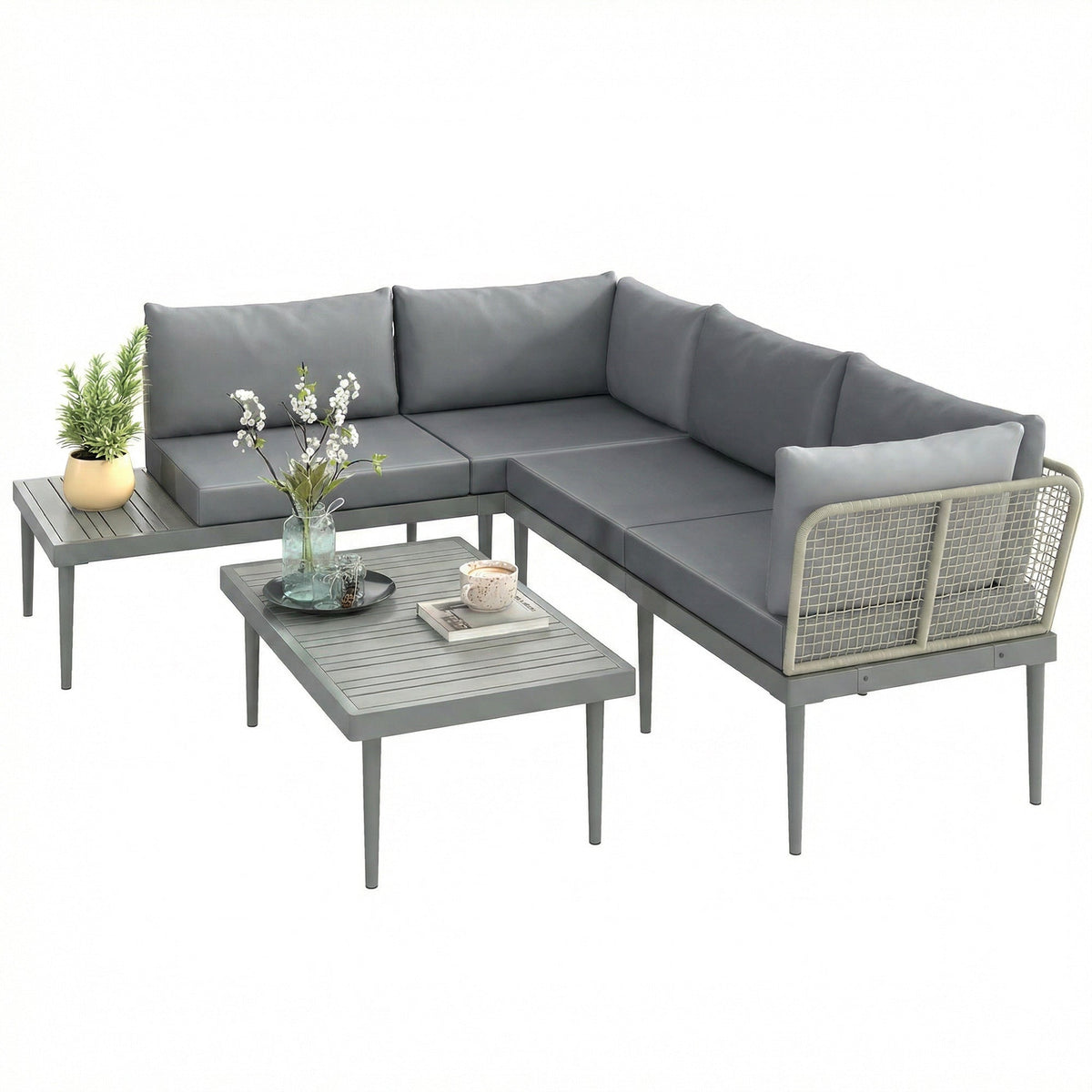 4-Seater L-Shaped Rattan Corner Sofa Set with Acacia Wood Coffee Table, Grey — product view 2