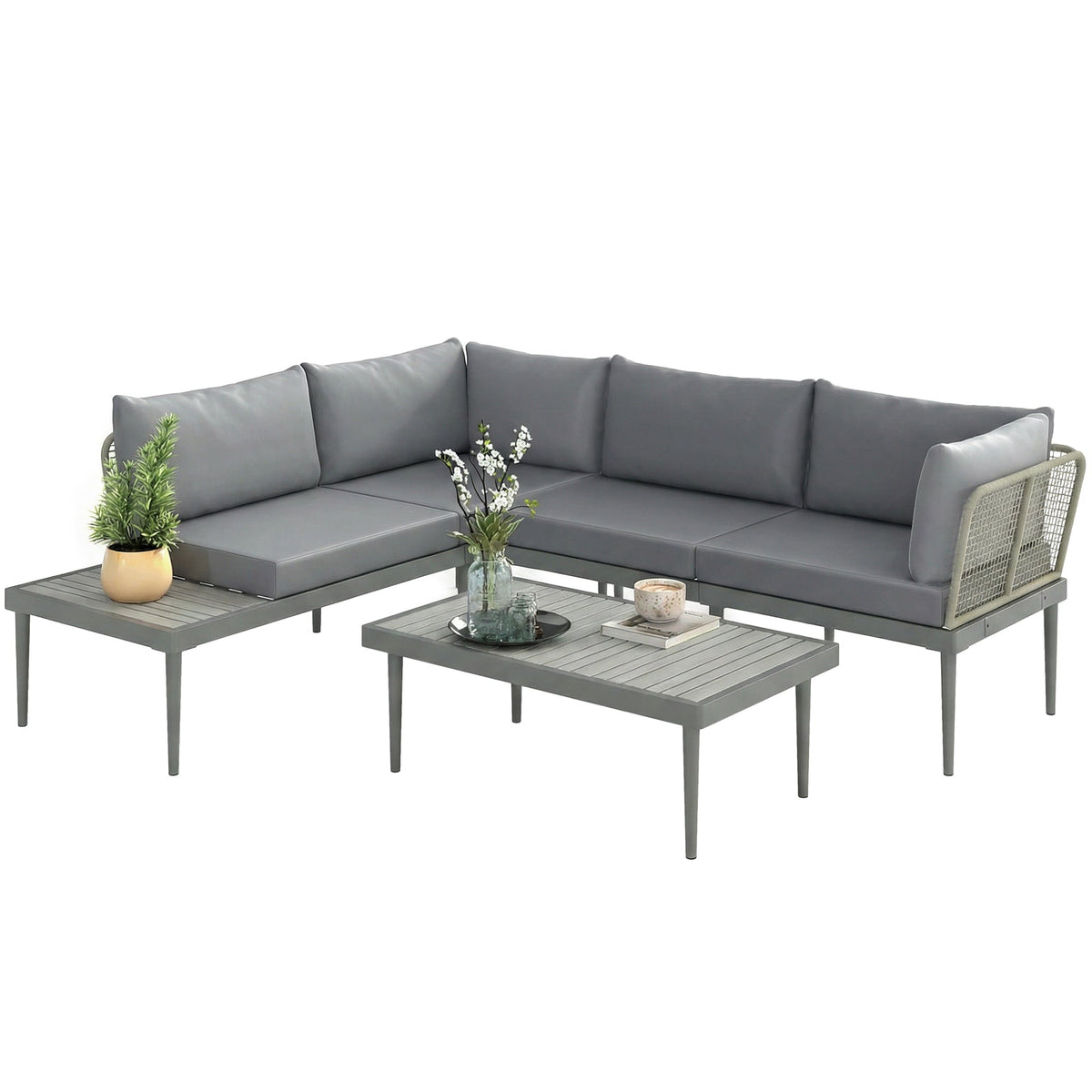 4-Seater L-Shaped Rattan Corner Sofa Set with Acacia Wood Coffee Table, Grey — product view 1