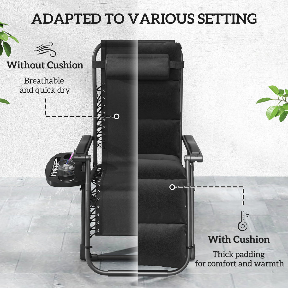 Set of 2 Zero Gravity Chairs with Cup and Phone Holder Tray, Black — product view 7