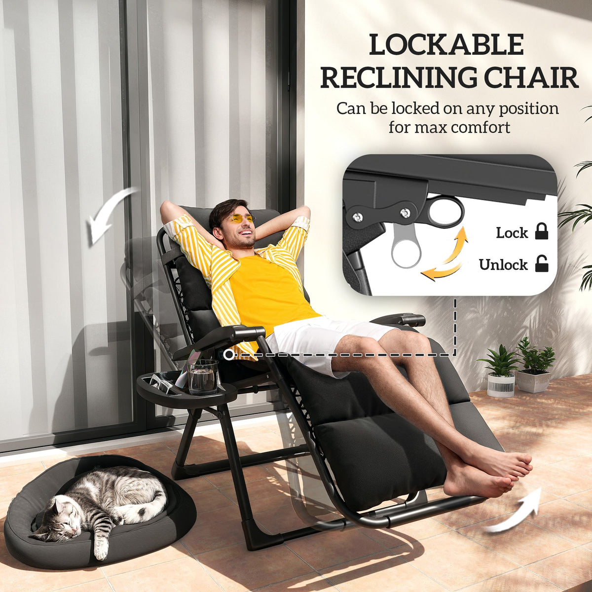 Set of 2 Zero Gravity Chairs with Cup and Phone Holder Tray, Black — product view 6