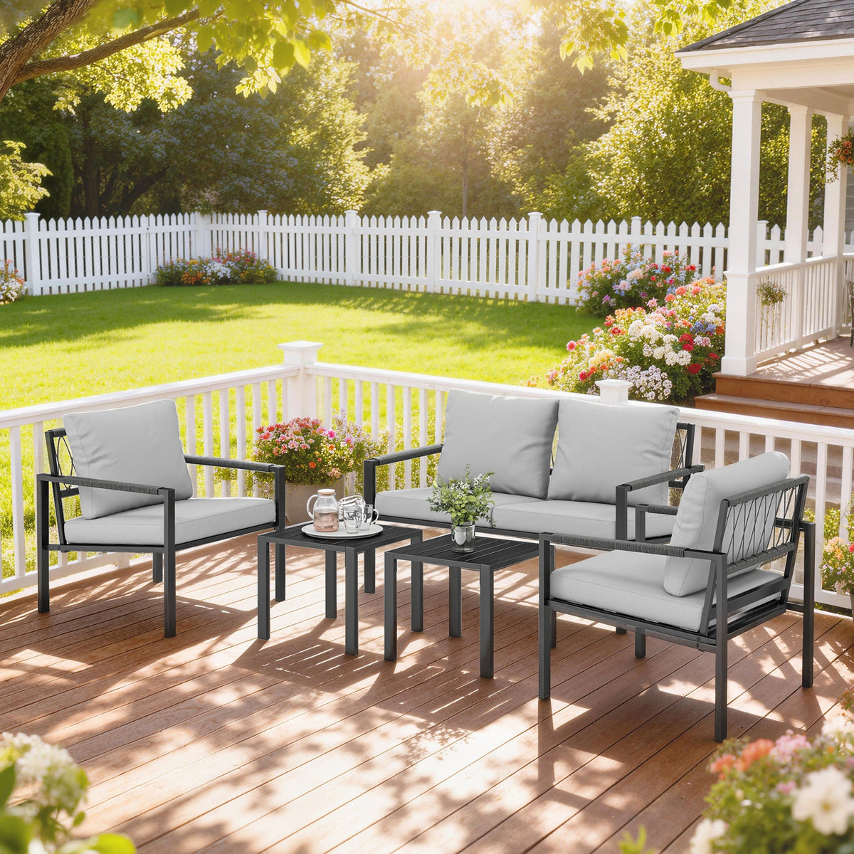 5 Piece Metal Garden Sofa Set with Loveseat, Armchairs & Tables, Light Grey — product view 4