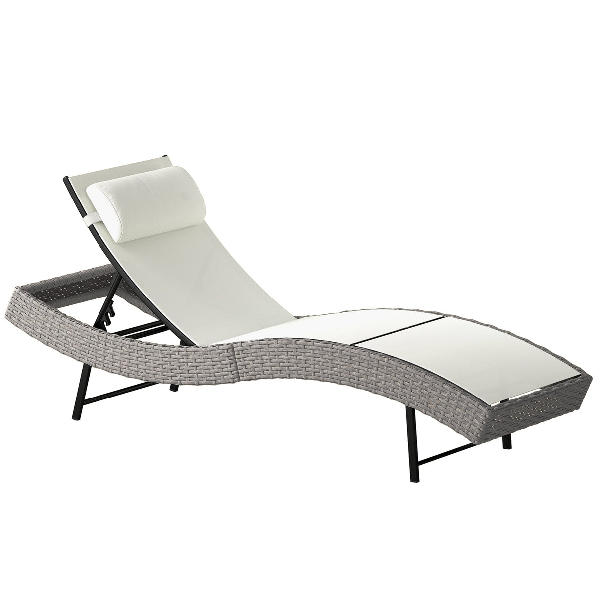 Rattan Sun Lounger with S-Shaped Seat and 5-Position Backrest, Cream White — product view 1