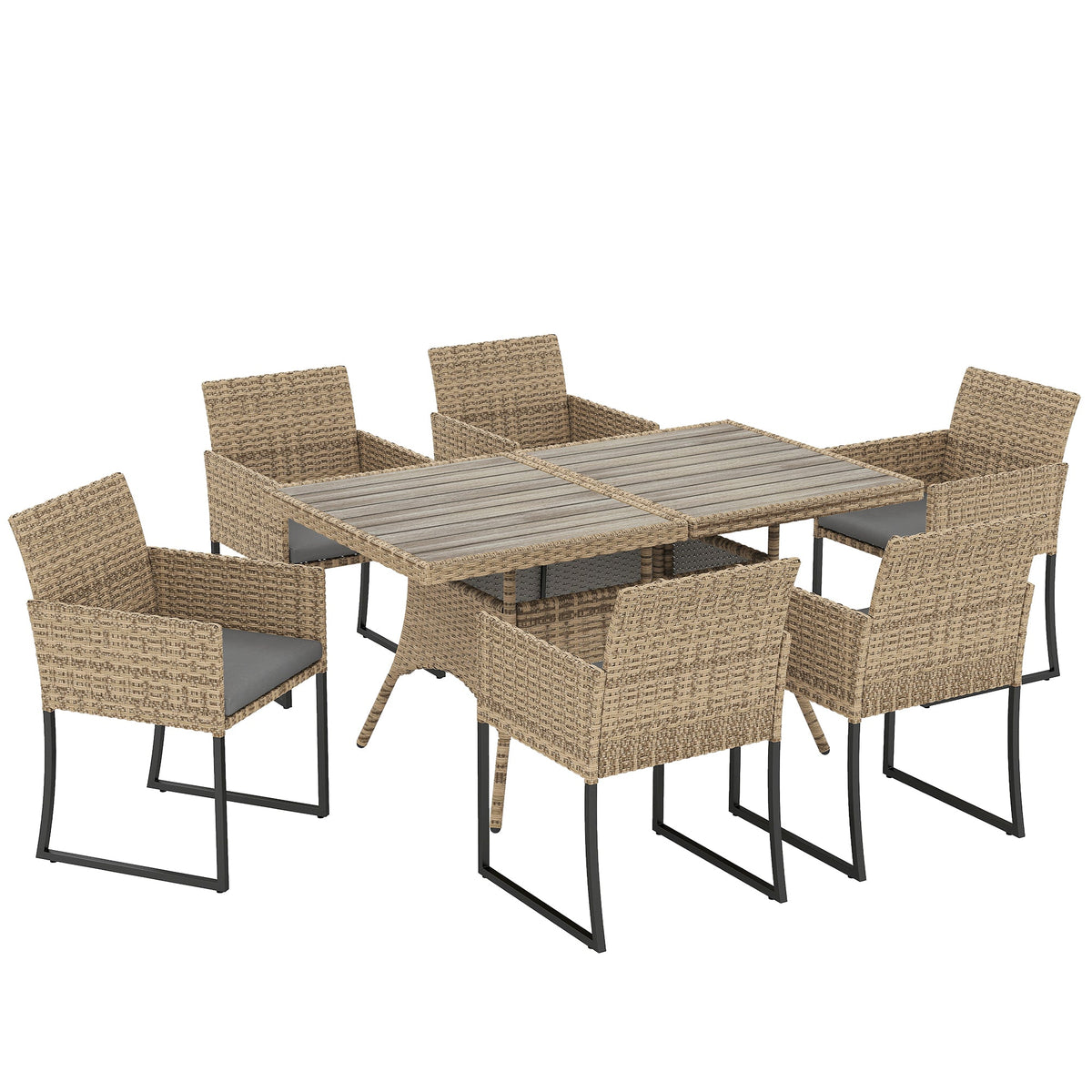 7-Piece Dark Grey Rattan Dining Set with WPC Table, 6 Chairs & Cushions — product view 1