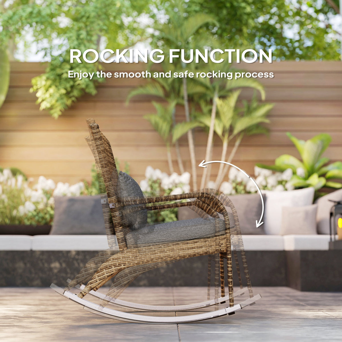 Wicker Adirondack Rocking Chair with Cushion and Pillow, Grey/Mixed Yellow — product view 6