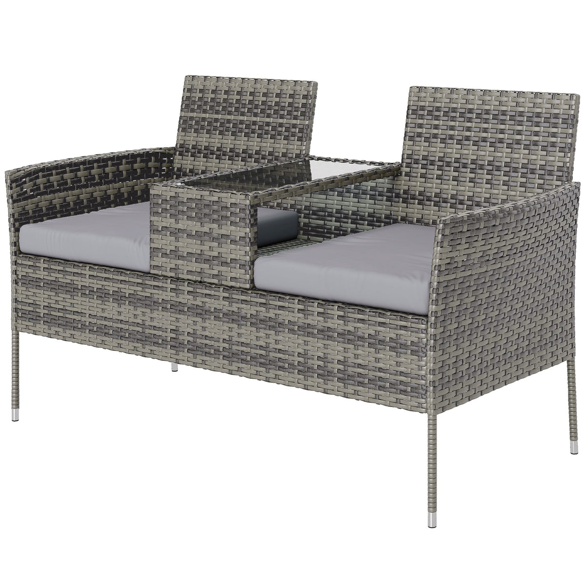 2 Seat Rattan Garden Bench with Glass Table & Padded Cushions, Charcoal Grey/Grey — product view 2