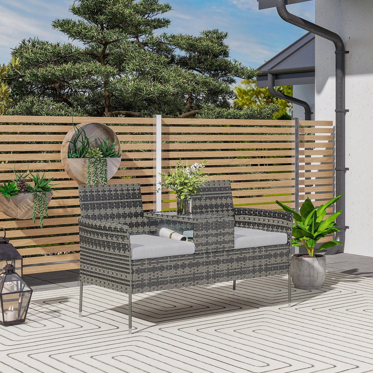 2 Seat Rattan Garden Bench with Glass Table & Padded Cushions, Charcoal Grey/Grey — product view 3