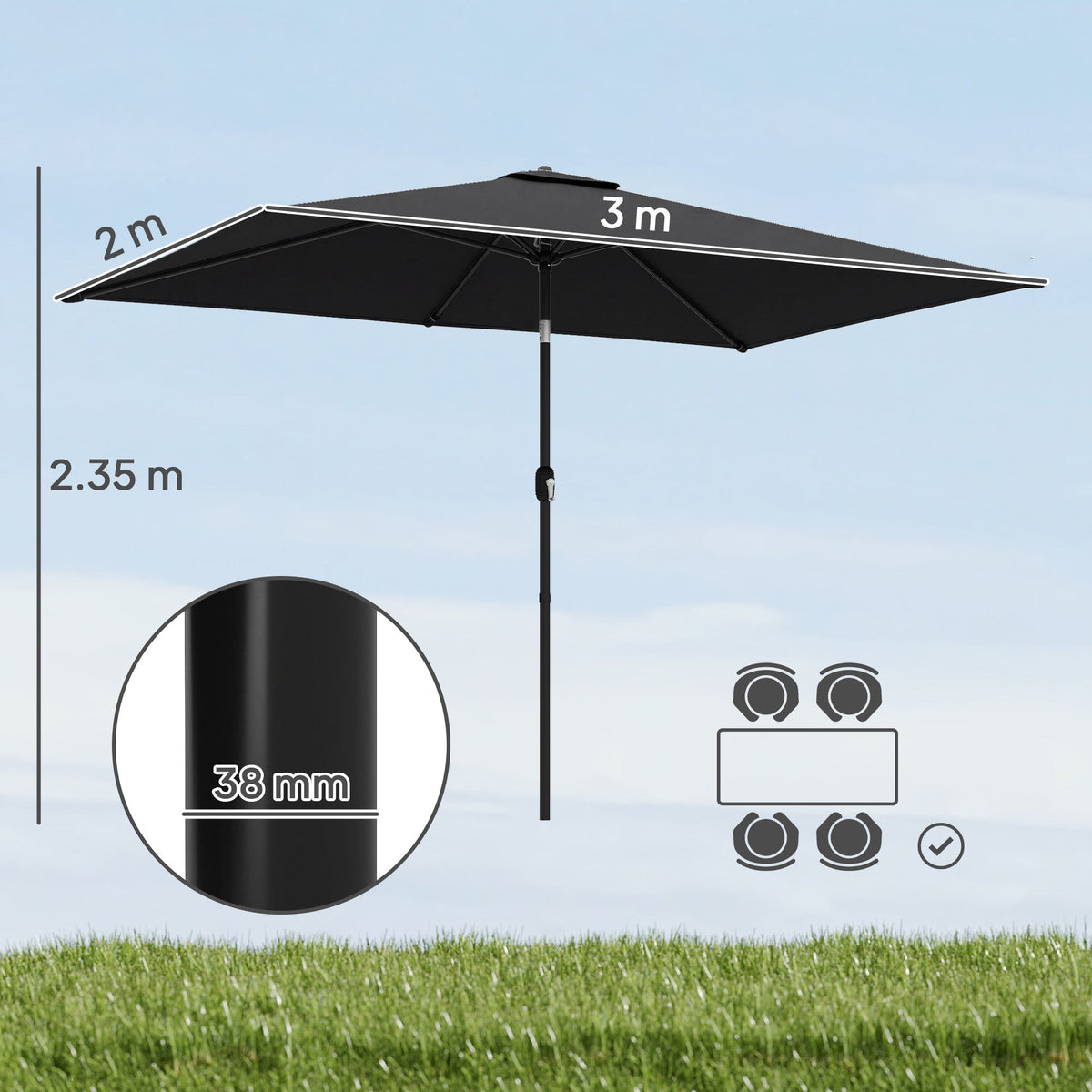 3 x 2 m Garden Parasol with Crank Handle and Tilt Function, Black — product view 5