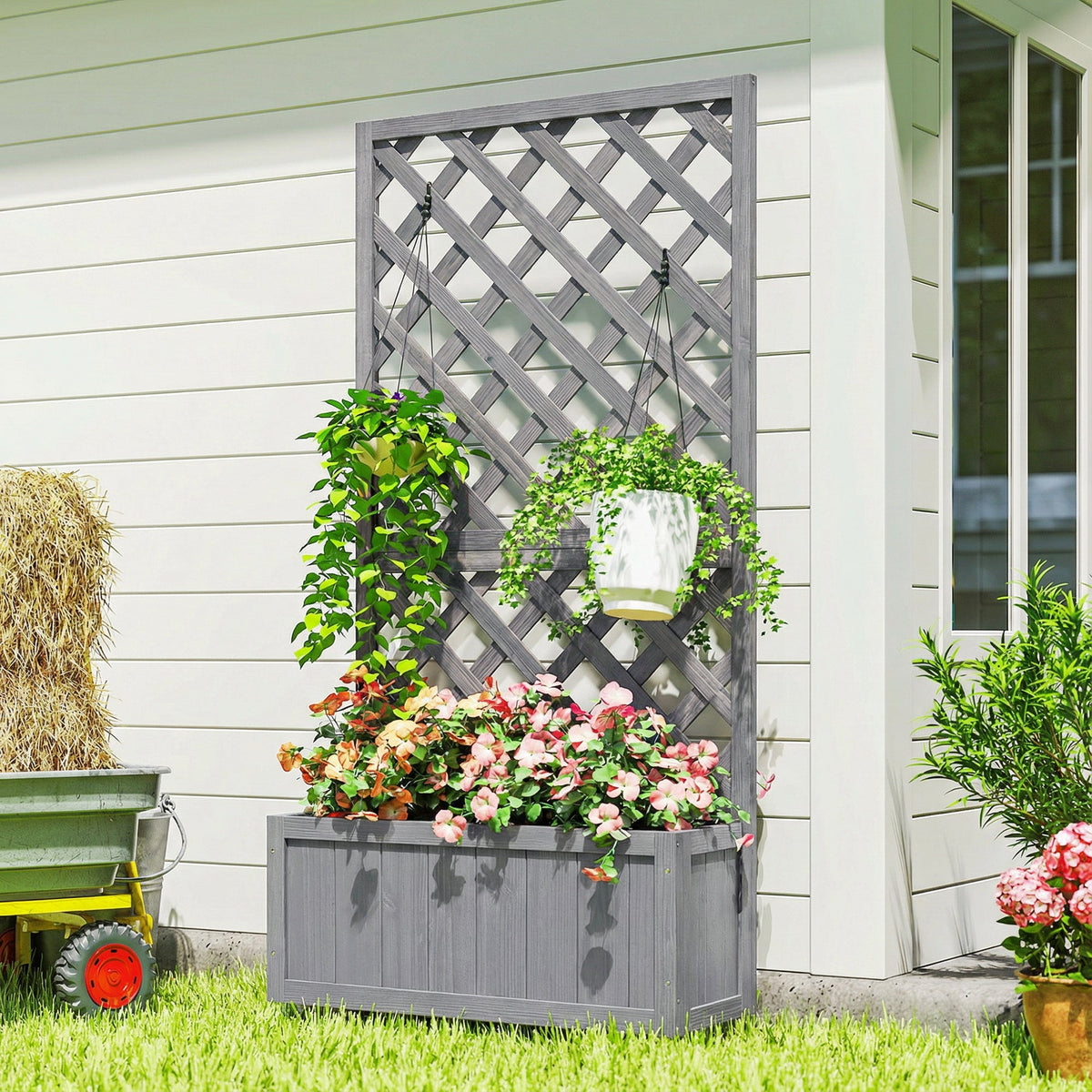 Wood Planter with Trellis and Drainage Holes, Grey — product view 4