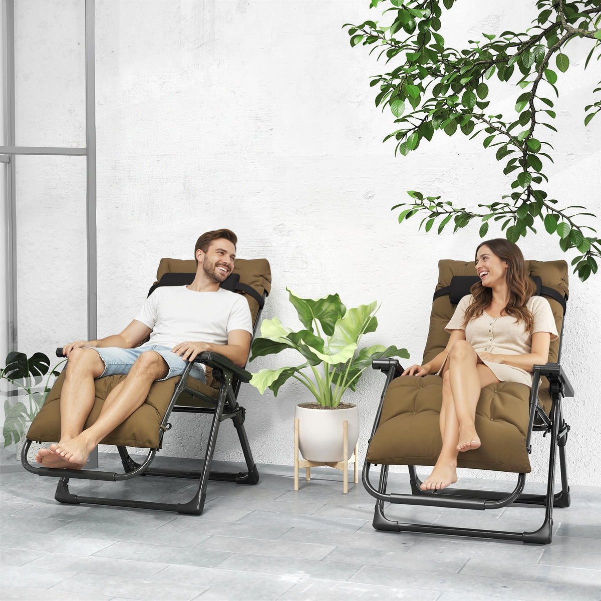 Set of 2 Reclining Zero Gravity Chairs with Cushion, Khaki — product view 4