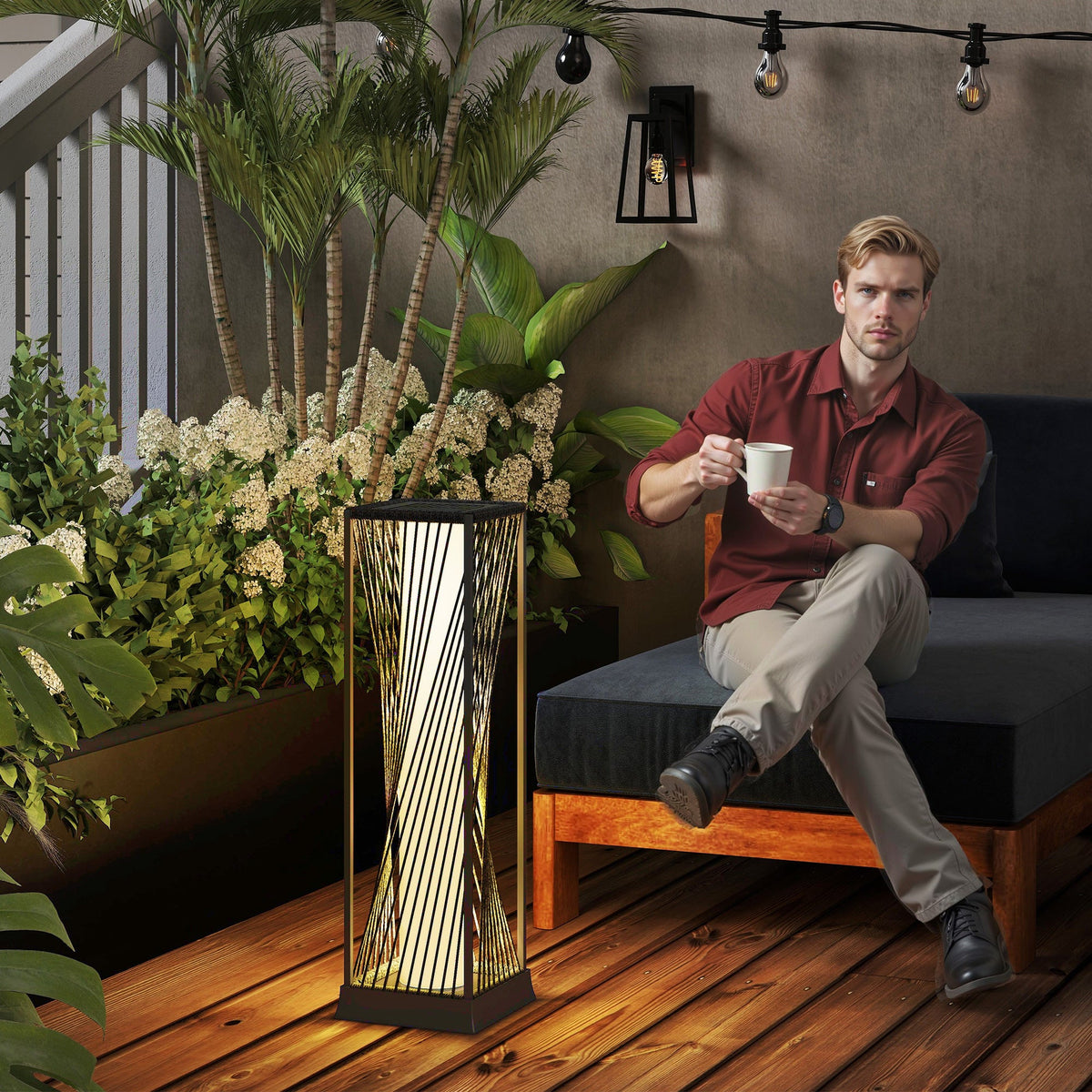 Rattan Solar Floor Lamp with Auto On/Off LED Lights, Grey — product view 3