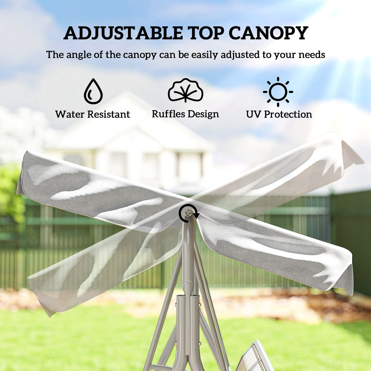 3 Seater Garden Swing Chair with Tilting Canopy & Mesh Seat, Light Grey — product view 6