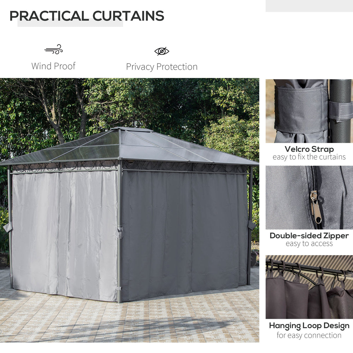 3 x 3.6m Hardtop Gazebo with Polycarbonate Roof & Curtains, Grey — product view 7